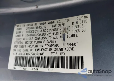 2007 Honda Cr-V Ex-L from USA, damaged, VIN JHLRE48777C003488